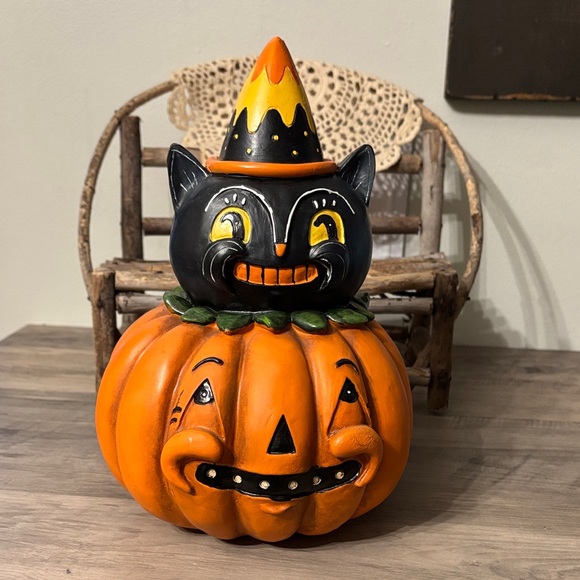 *READ* VINTAGE INSPIRED BLACK CAT PUMPKIN JACK KITTY HALLOWEEN RESIN DECOR NWT - Picture 1 of 14